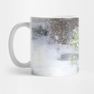 Fresh snow in garden with heart shaped pond Mug